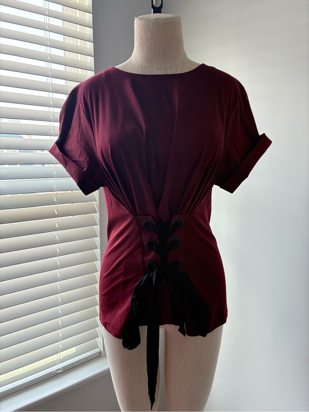 NWT Express Women's Maroon Corset Lace Up Front Short Sleeve Top
